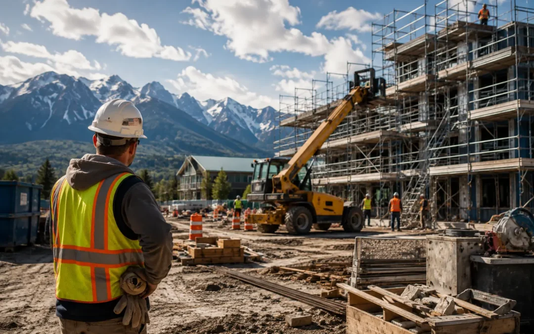 Construction workers and safety equipment at an active jobsite in Northwest Montana